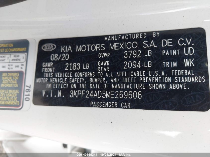 2021 Kia Forte Lxs VIN: 3KPF24AD5ME269606 Lot: 40565344