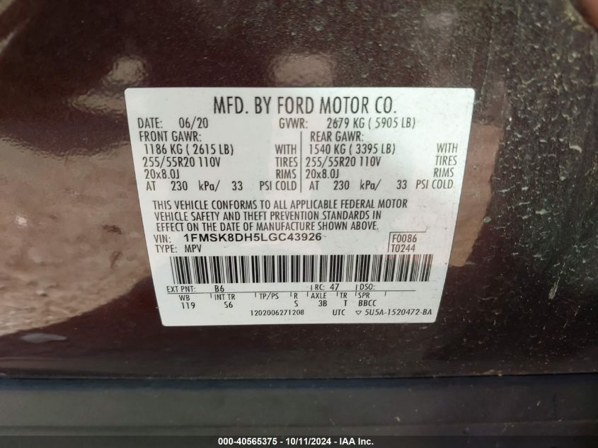 1FMSK8DH5LGC43926 2020 Ford Explorer Xlt