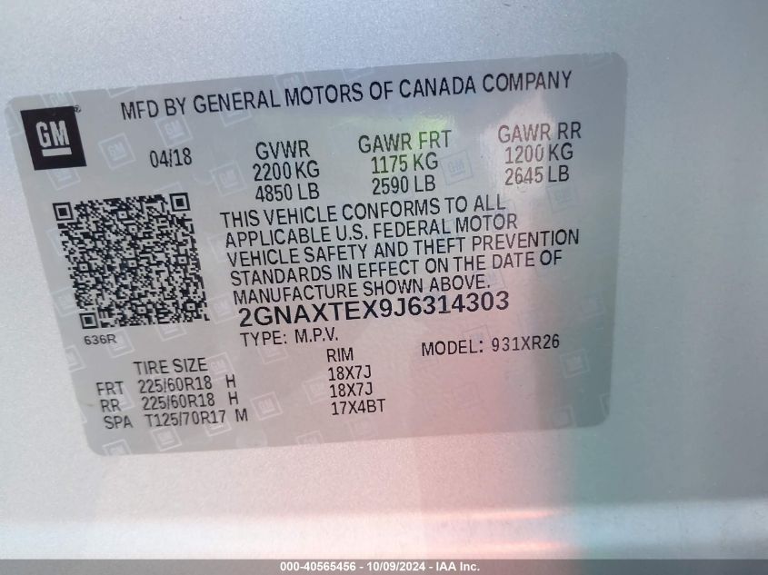 2GNAXTEX9J6314303 2018 Chevrolet Equinox Lt