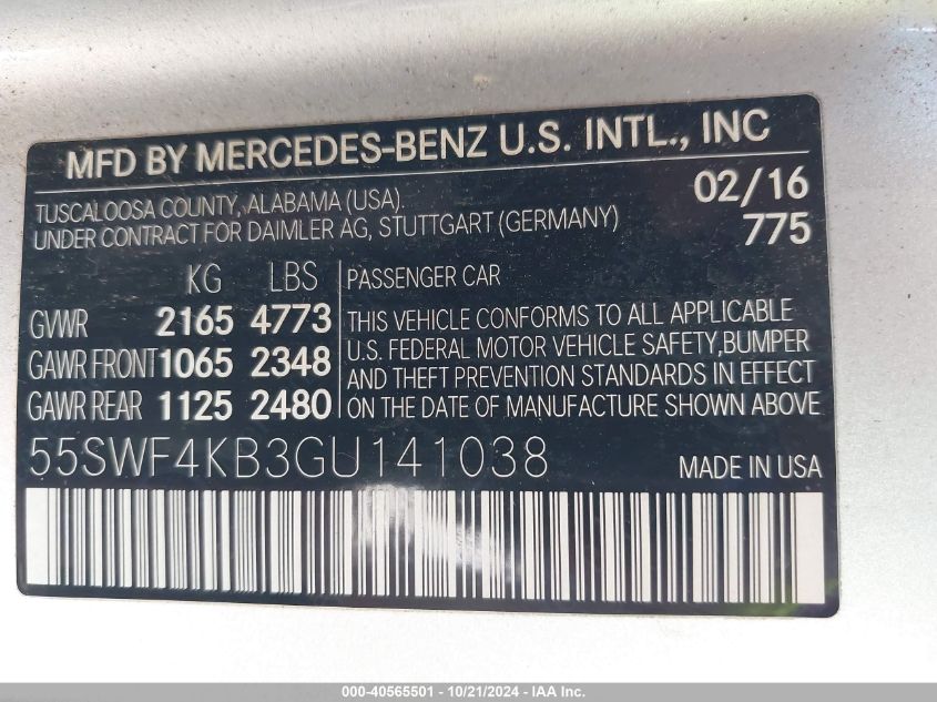 2016 Mercedes-Benz C 300 4Matic VIN: 55SWF4KB3GU141038 Lot: 40565501