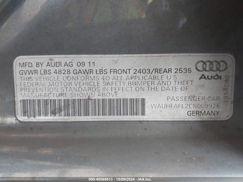 2012 Audi A4 2.0T Premium VIN: WAUHFAFL2CN009926 Lot: 40565613