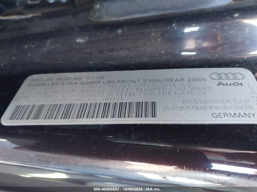 2009 AUDI A8 L VIN: WAUMV94EX9N010979