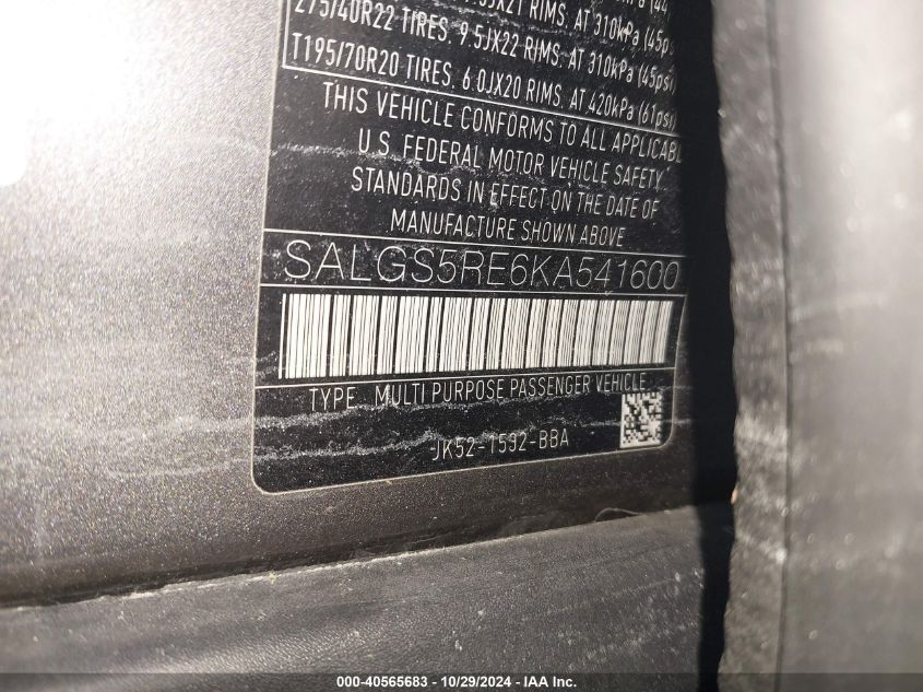 VIN SALGS5RE6KA541600 2019 Land Rover Range Rover,... no.9