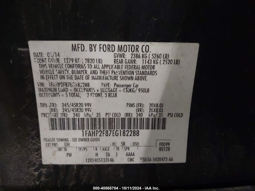 1FAHP2F87EG182288 2014 Ford Taurus Limited