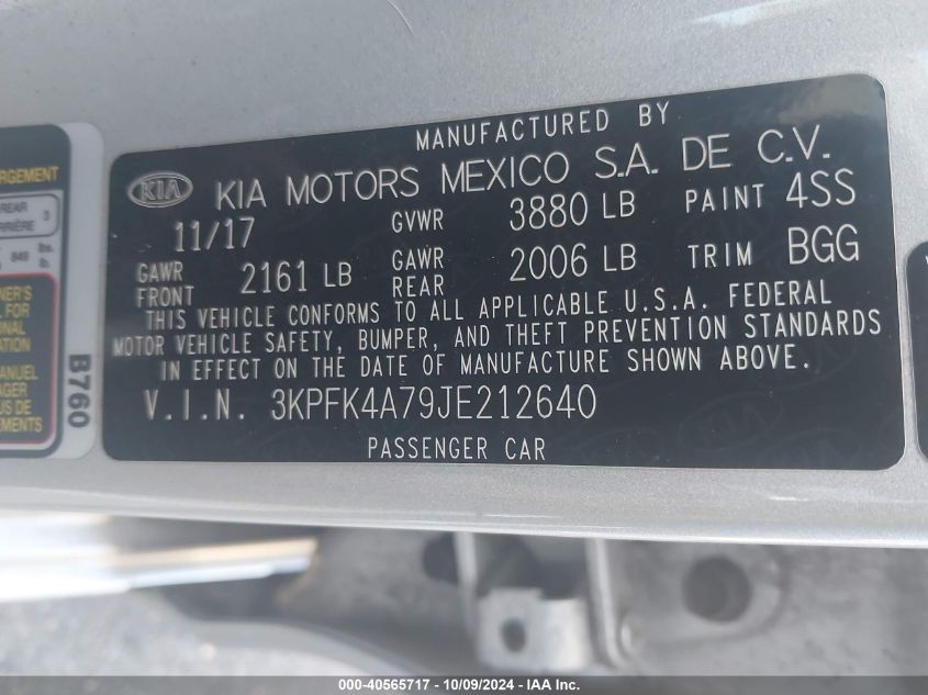 3KPFK4A79JE212640 2018 Kia Forte Lx