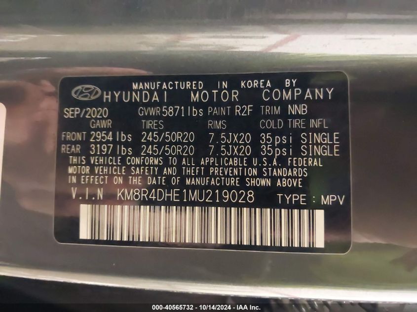 2021 Hyundai Palisade Sel VIN: KM8R4DHE1MU219028 Lot: 40565732