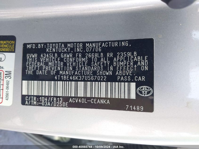 4T1BE46K37U567022 2007 Toyota Camry Le