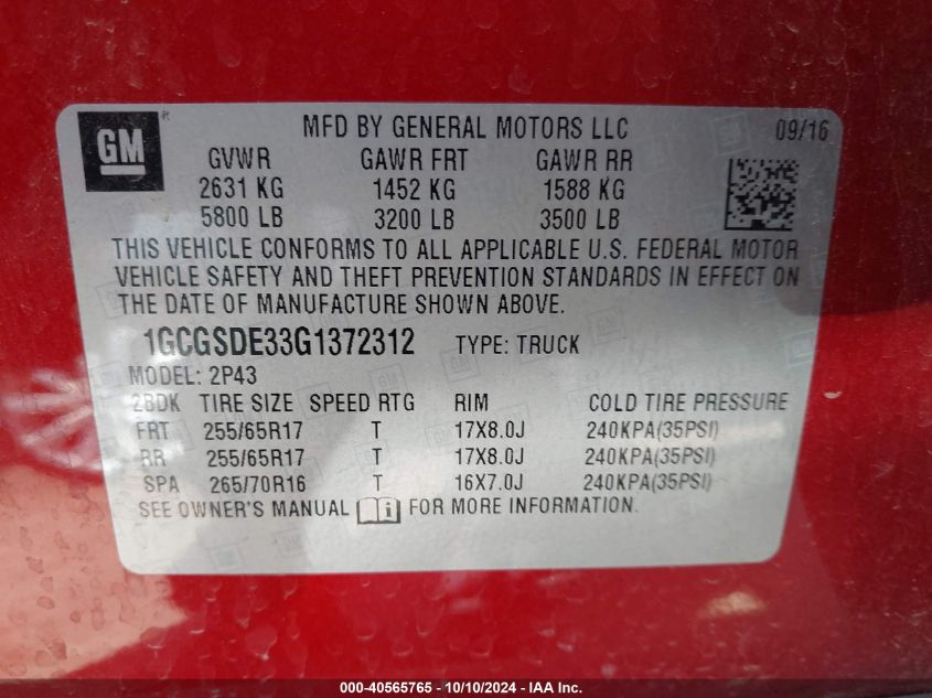 1GCGSDE33G1372312 2016 Chevrolet Colorado Z71