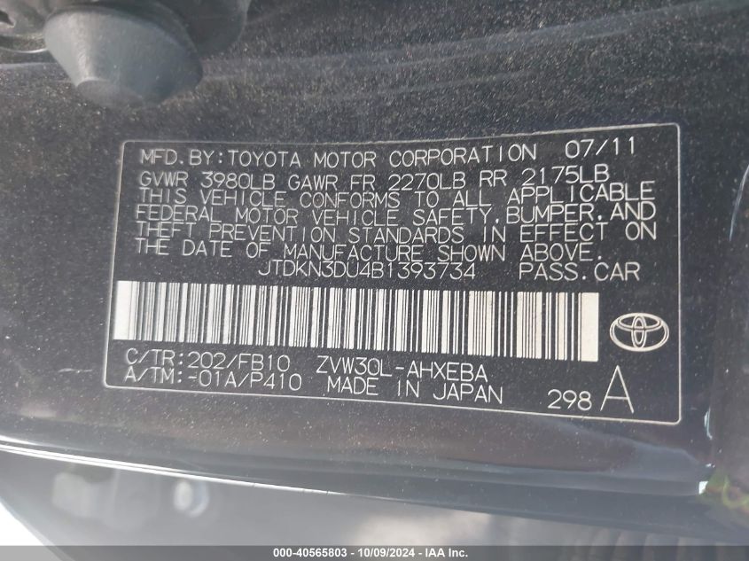 JTDKN3DU4B1393734 2011 Toyota Prius Three