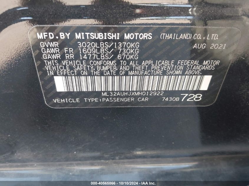 2021 Mitsubishi Mirage Carbonite Edition/Es/Le VIN: ML32AUHJXMH012922 Lot: 40565866