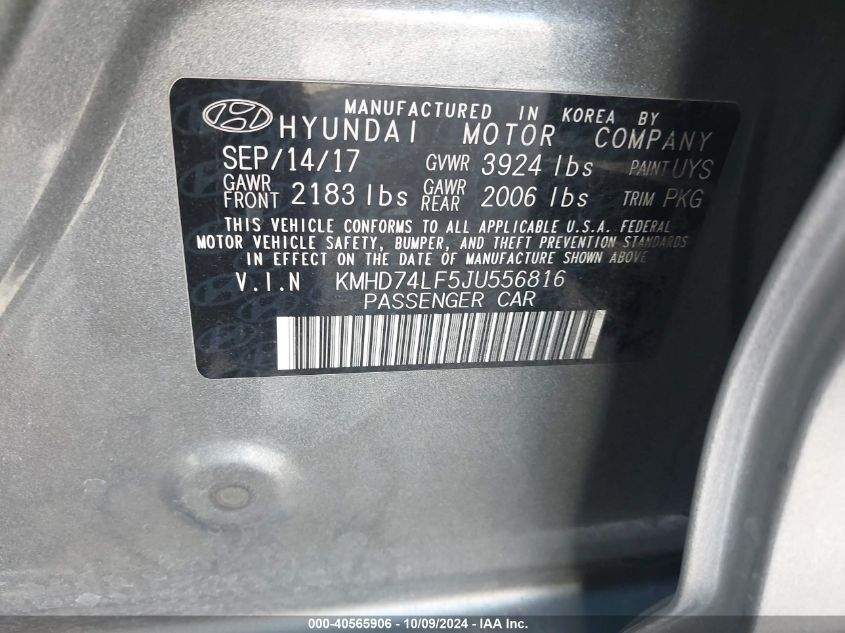 KMHD74LF5JU556816 2018 Hyundai Elantra Se