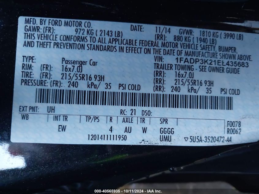 1FADP3K21EL435683 2014 Ford Focus Se