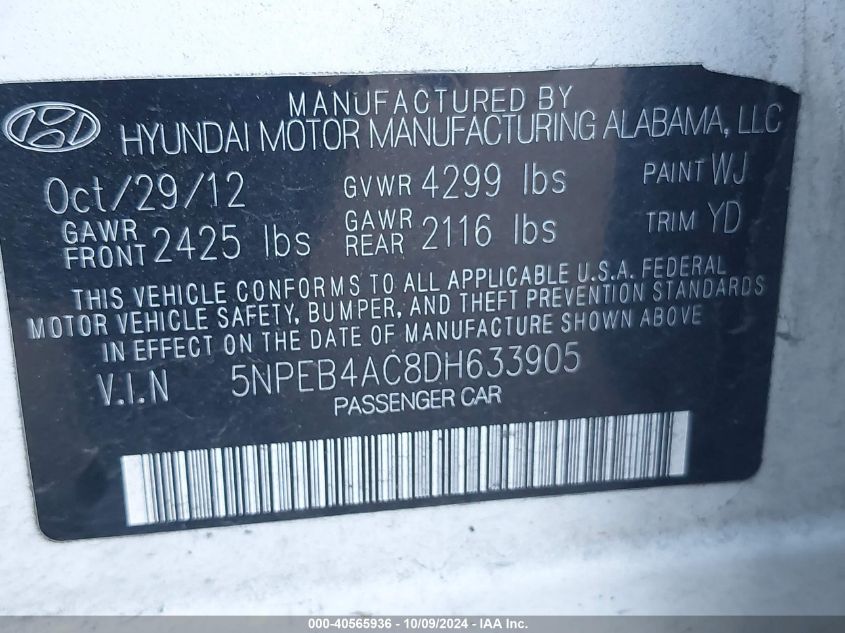 5NPEB4AC8DH633905 2013 Hyundai Sonata Gls