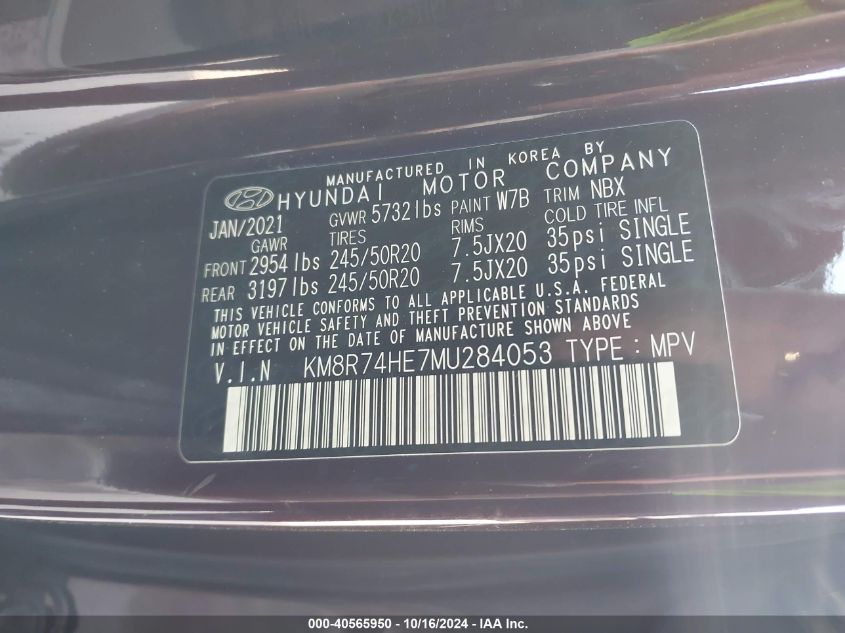 2021 Hyundai Palisade Calligraphy VIN: KM8R74HE7MU284053 Lot: 40565950