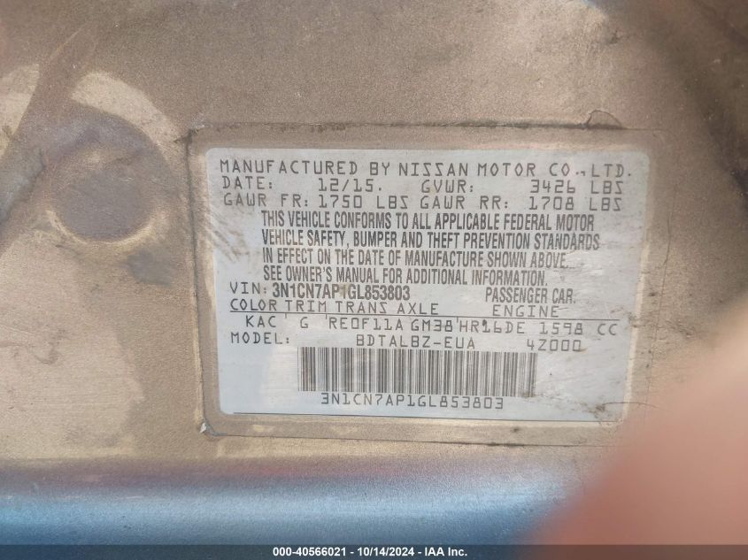 2016 Nissan Versa 1.6 Sv VIN: 3N1CN7AP1GL853803 Lot: 40566021
