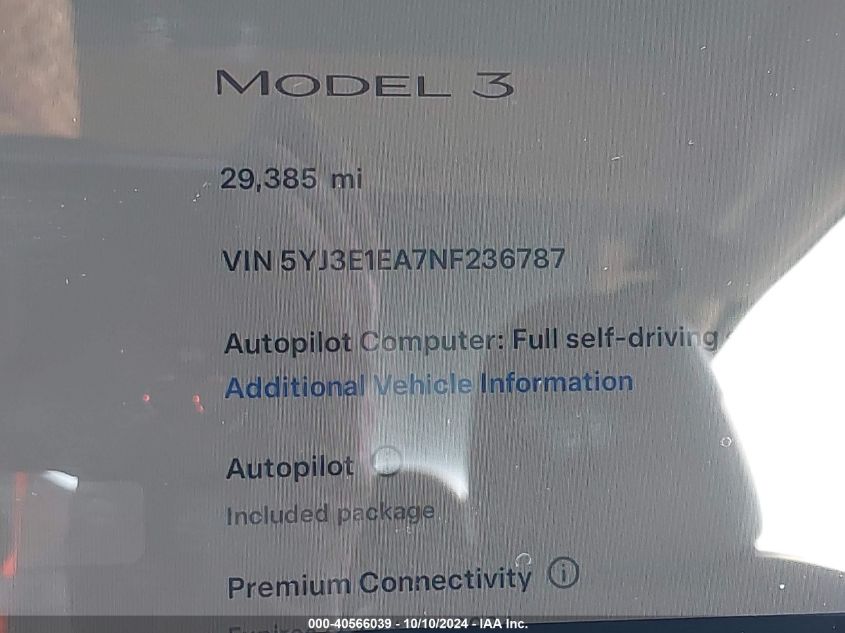 2022 Tesla Model 3 Rear-Wheel Drive VIN: 5YJ3E1EA7NF236787 Lot: 40566039