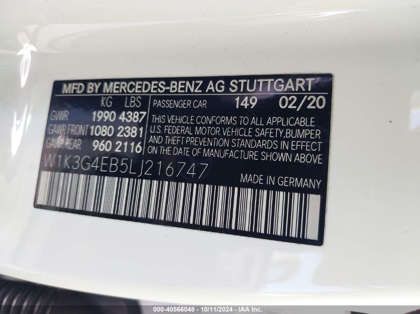 2020 Mercedes-Benz A 220 VIN: W1K3G4EB5LJ216747 Lot: 40566048