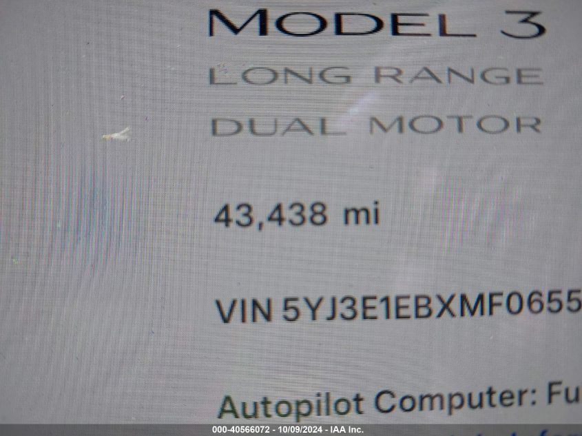 2021 Tesla Model 3 Long Range Dual Motor All-Wheel Drive VIN: 5YJ3E1EBXMF065511 Lot: 40566072