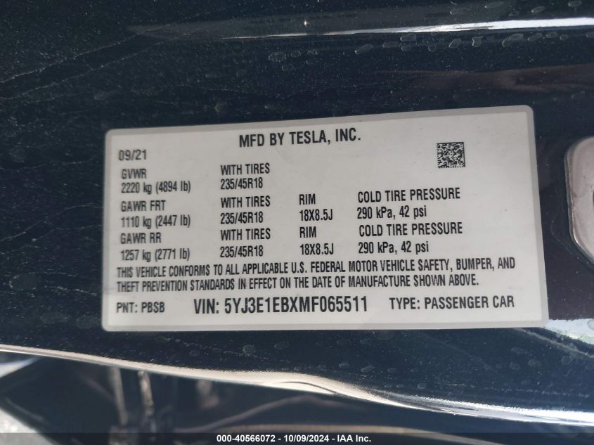 2021 Tesla Model 3 Long Range Dual Motor All-Wheel Drive VIN: 5YJ3E1EBXMF065511 Lot: 40566072