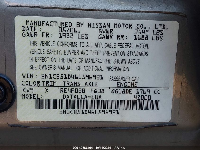 3N1CB51D46L596931 2006 Nissan Sentra 1.8