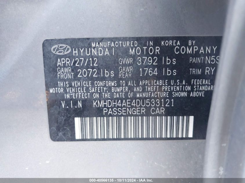 KMHDH4AE4DU533121 2013 Hyundai Elantra Gls/Limited