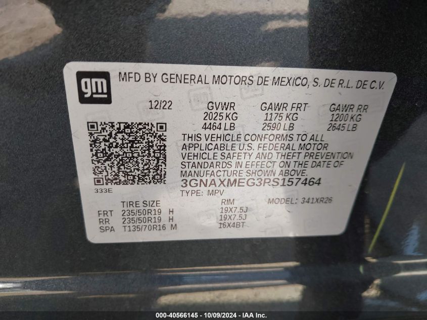 2023 Chevrolet Equinox Fwd Rs VIN: 3GNAXMEG3PS157464 Lot: 40566145