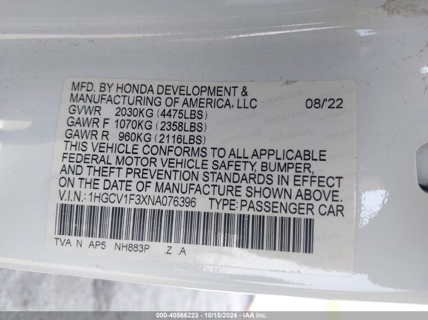 2022 Honda Accord Sport VIN: 1HGCV1F3XNA076396 Lot: 40566223