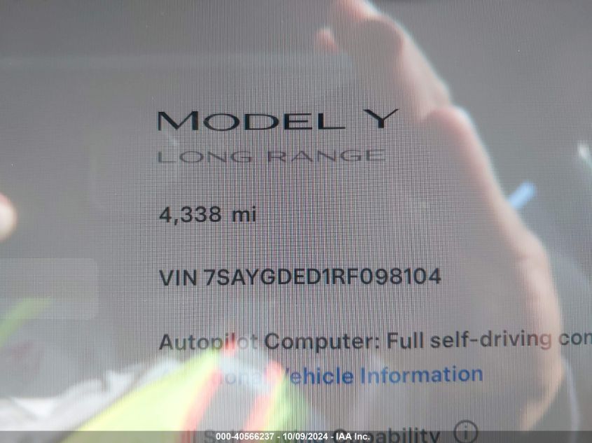 2024 Tesla Model Y Long Range Dual Motor All-Wheel Drive/Rwd VIN: 7SAYGDED1RF098104 Lot: 40566237