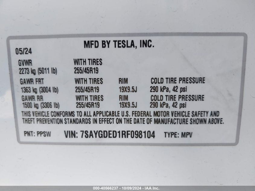 2024 Tesla Model Y Long Range Dual Motor All-Wheel Drive/Rwd VIN: 7SAYGDED1RF098104 Lot: 40566237