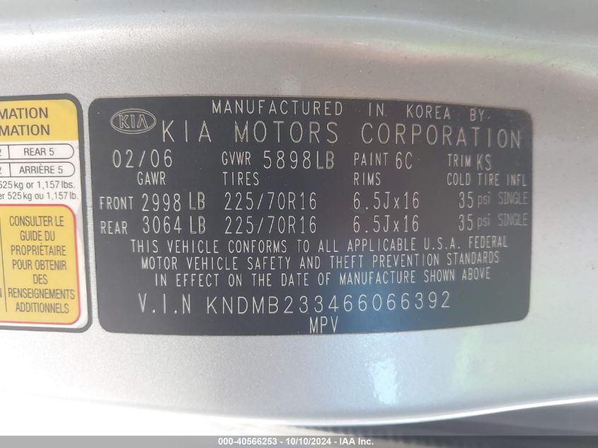 KNDMB233466066392 2006 Kia Sedona Ex/Lx