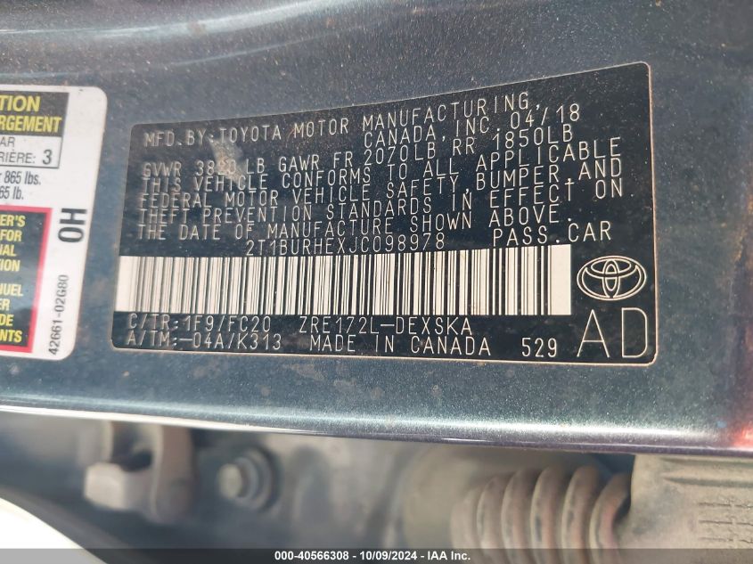 2T1BURHEXJC098978 2018 Toyota Corolla Se