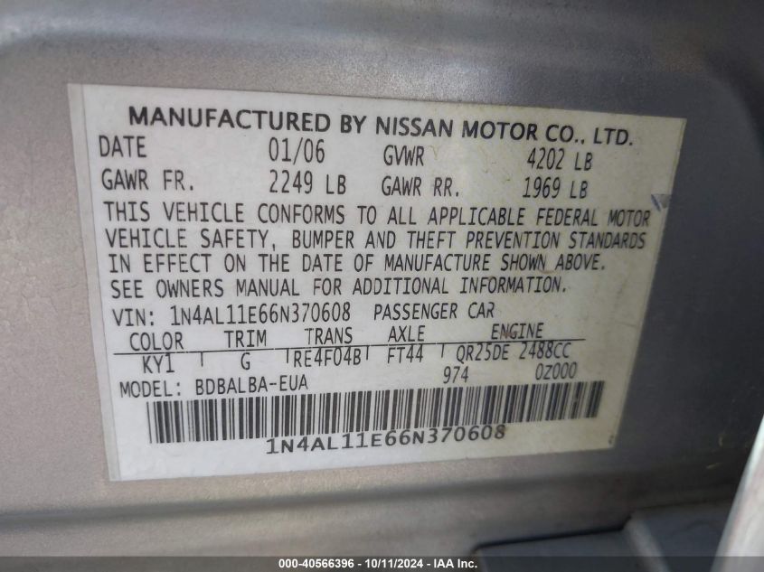 1N4AL11E66N370608 2006 Nissan Altima 2.5 S