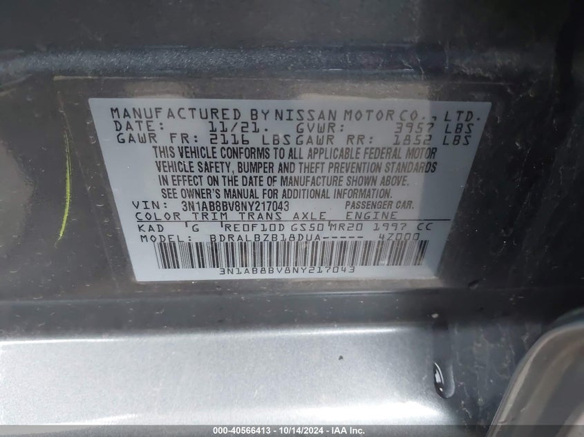 2022 NISSAN SENTRA VIN: 3N1AB8BV8NY217043