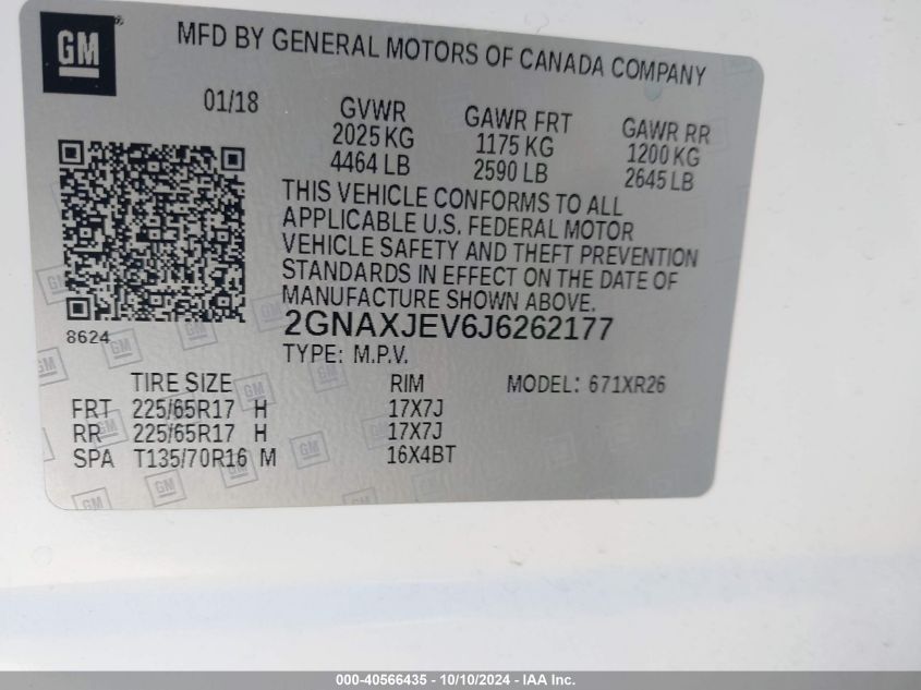 2GNAXJEV6J6262177 2018 Chevrolet Equinox Lt