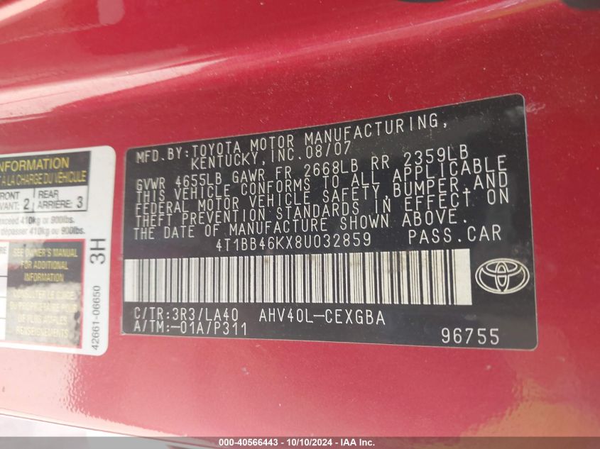 4T1BB46KX8U032859 2008 Toyota Camry Hybrid