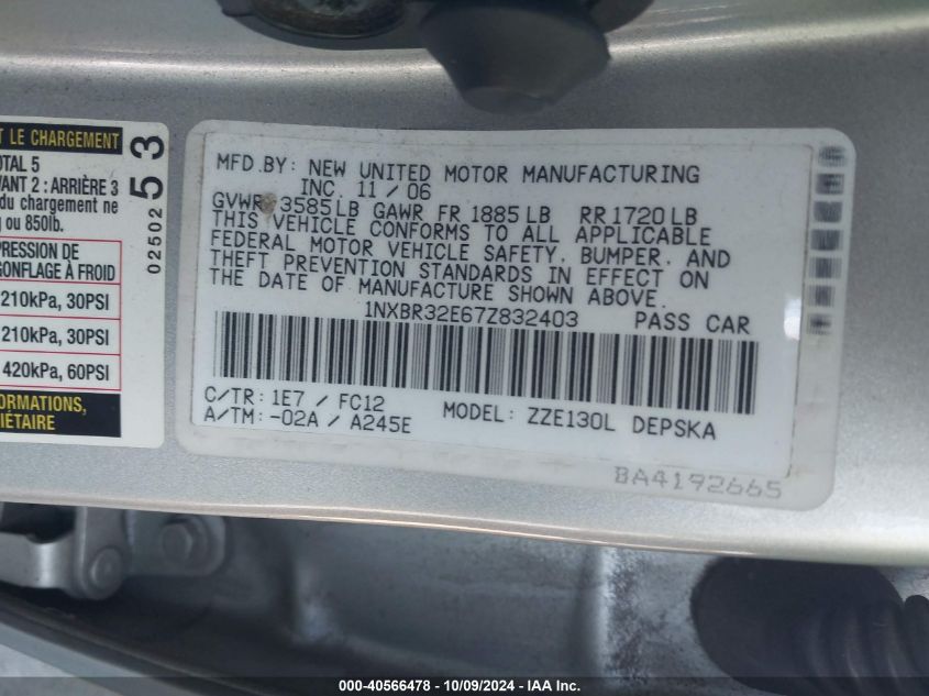 1NXBR32E67Z832403 2007 Toyota Corolla S