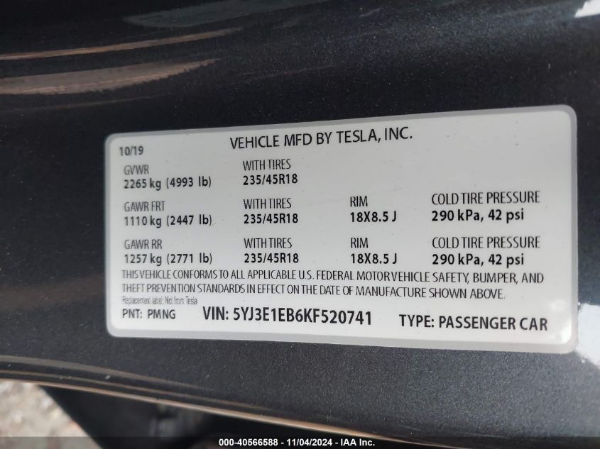 2019 Tesla Model 3 VIN: 5YJ3E1EB6KF520741 Lot: 40566588