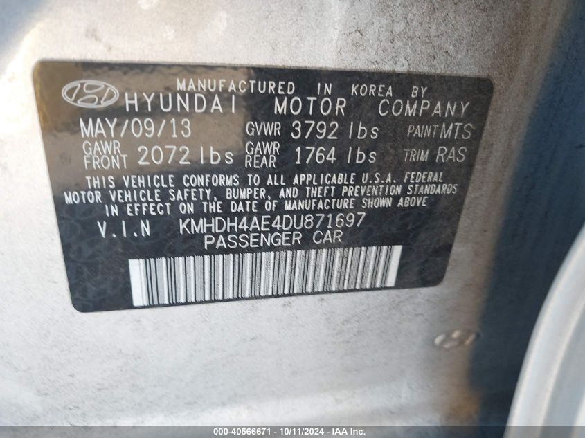 KMHDH4AE4DU871697 2013 Hyundai Elantra Gls/Limited