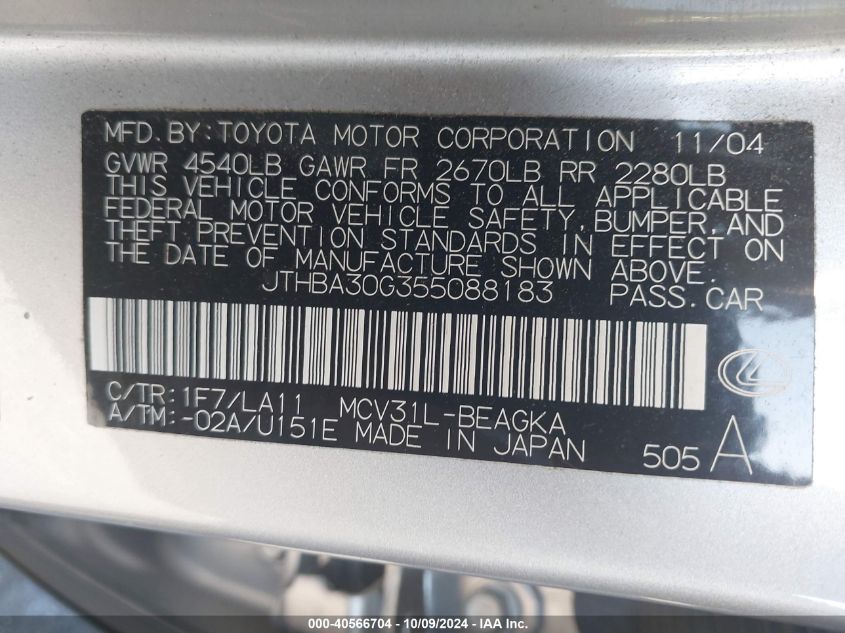 JTHBA30G355088183 2005 Lexus Es 330