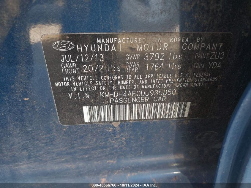 KMHDH4AE0DU935850 2013 Hyundai Elantra Gls/Limited