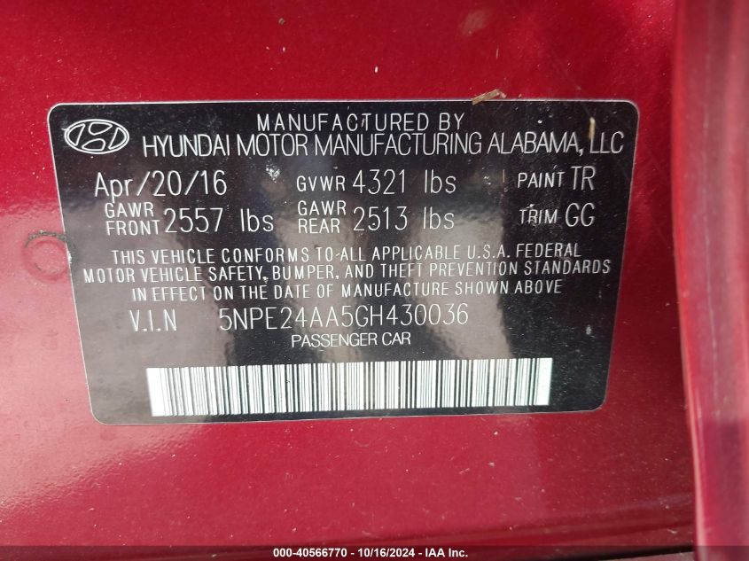 VIN KNDPB3A27D7447433 2016 HYUNDAI SONATA no.9