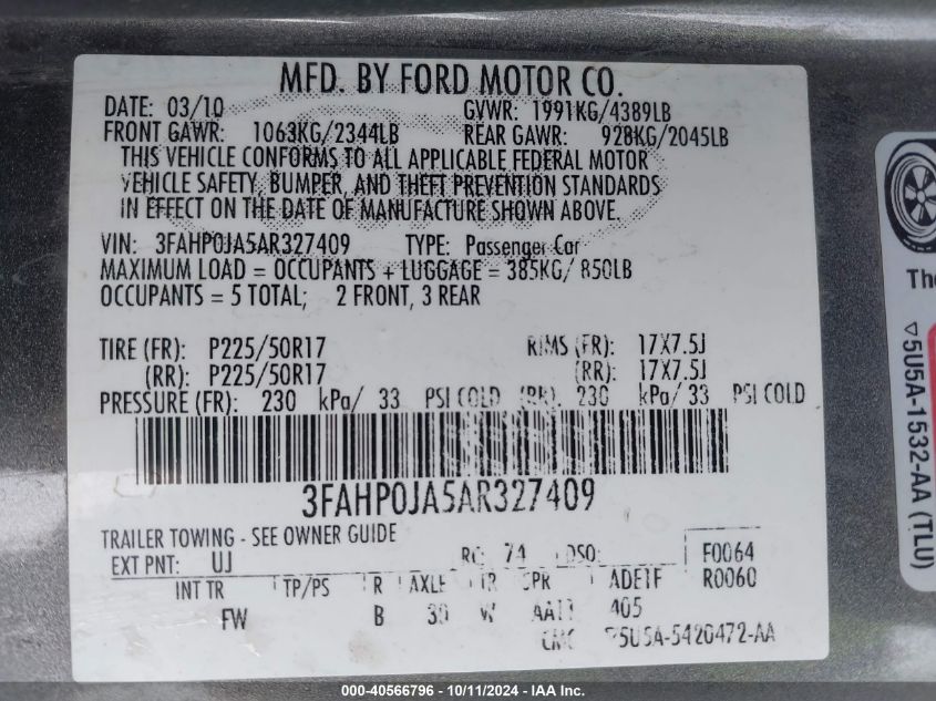 2010 Ford Fusion Sel VIN: 3FAHP0JA5AR327409 Lot: 40566796