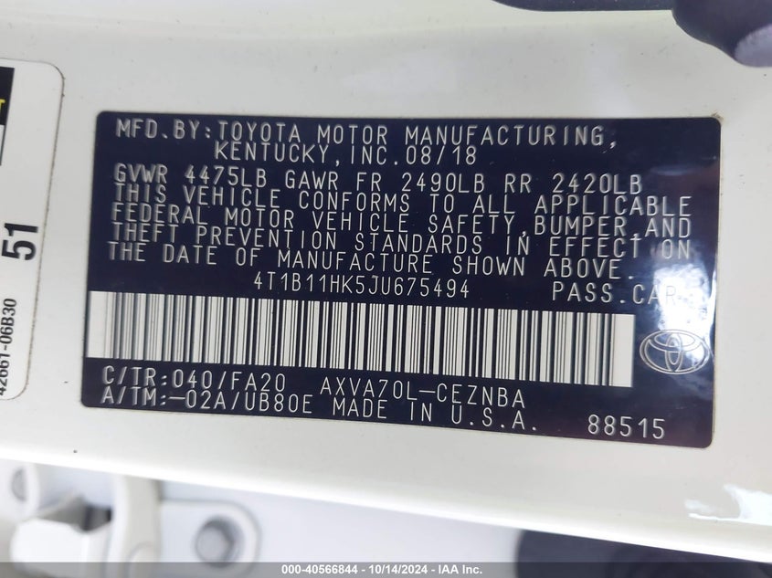 2018 TOYOTA CAMRY VIN: 4T1B11HK5JU675494