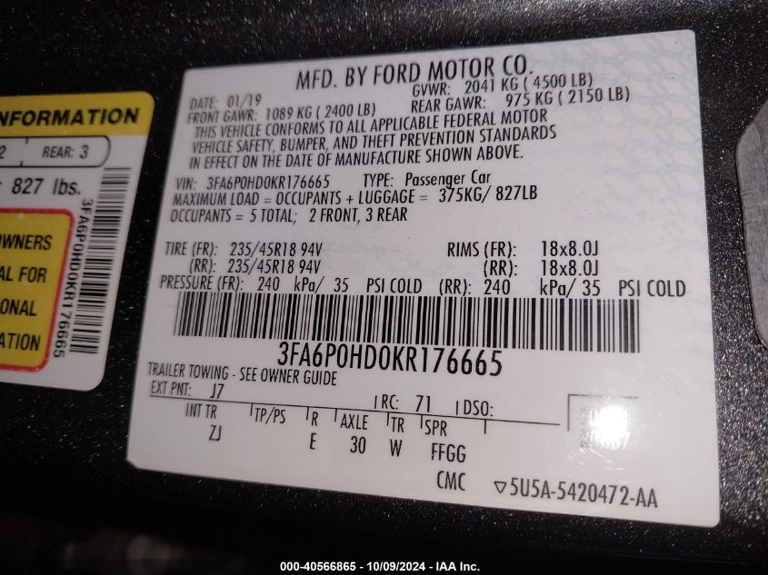 3FA6P0HD0KR176665 2019 Ford Fusion Se