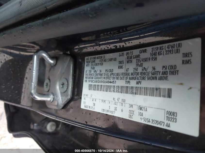 2016 Ford Escape Se VIN: 1FMCU9GX0GUA94453 Lot: 40566870