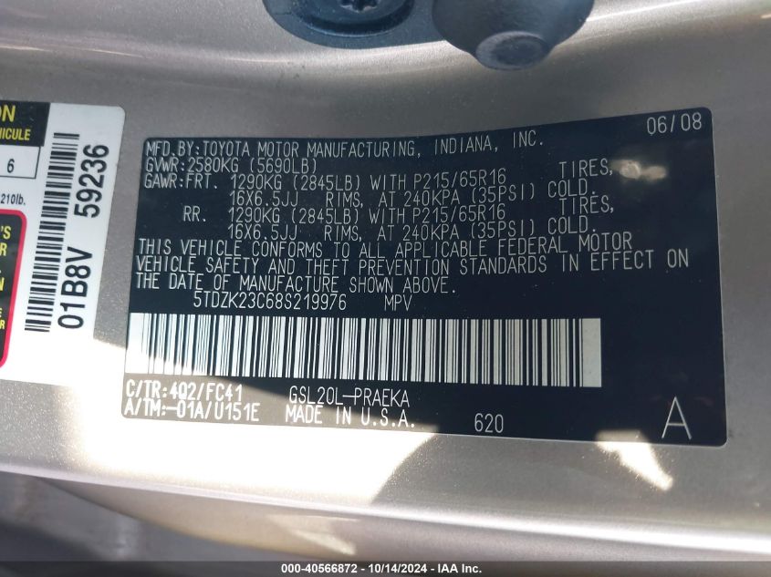 2008 Toyota Sienna Le VIN: 5TDZK23C68S219976 Lot: 40566872
