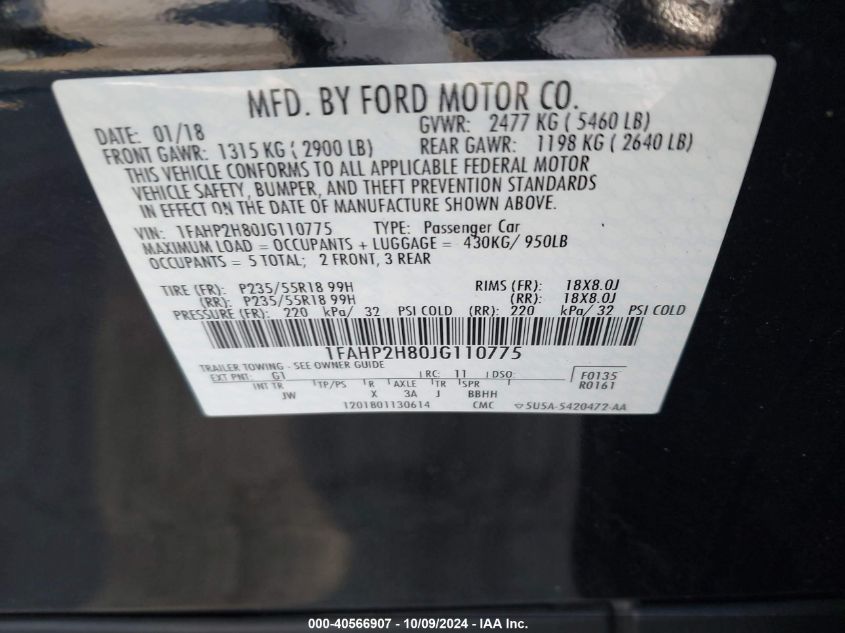 1FAHP2H80JG110775 2018 Ford Taurus Sel