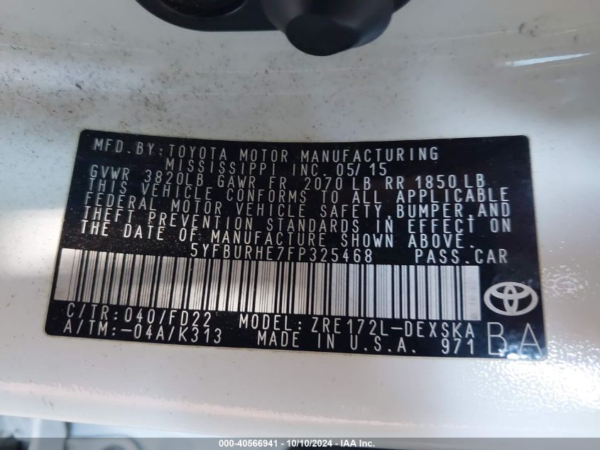 05YFBURHE7FP32546 2015 Toyota Corolla L/Le/Le Pls/Prm/S/S Pls