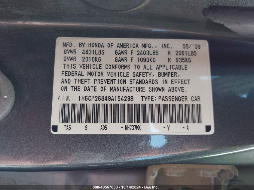 2009 Honda Accord Exl VIN: 1HGCP26849A154298 Lot: 40567038