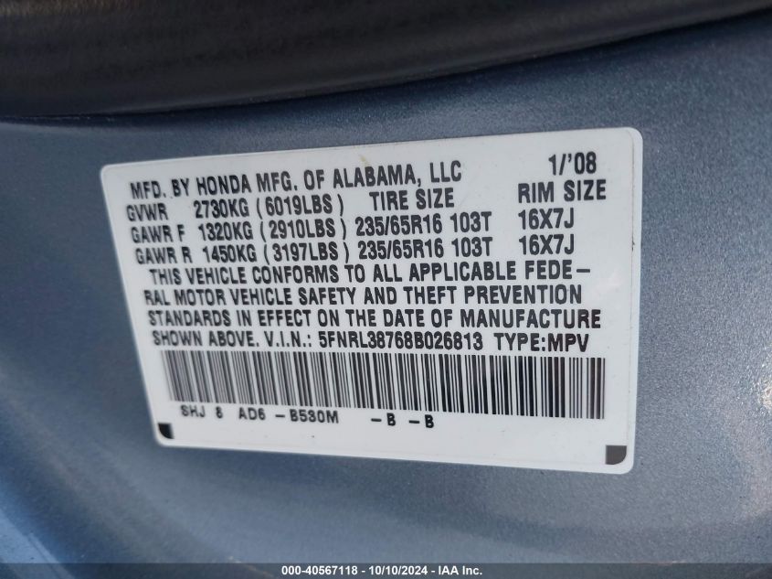 5FNRL38768B026813 2008 Honda Odyssey Ex-L